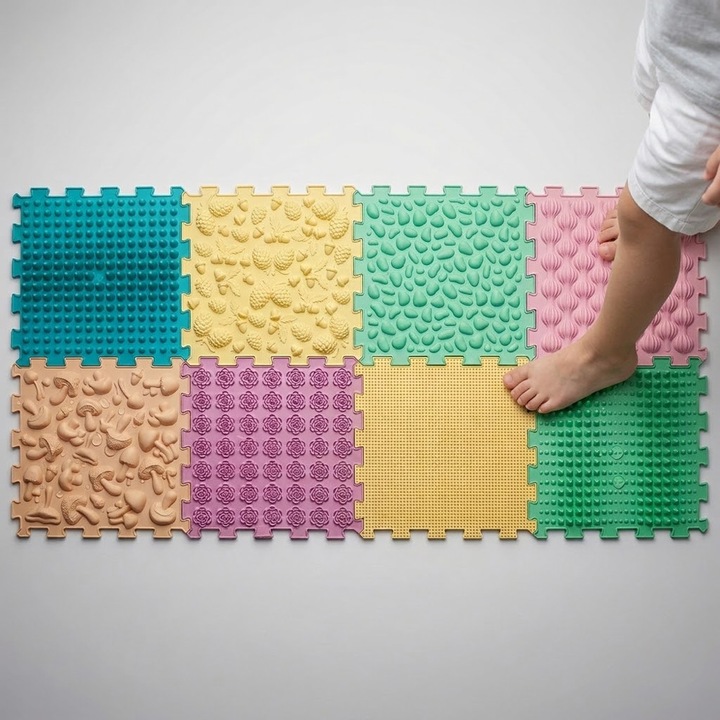 Set 8 Module Covoras Ortopedic pentru Kinetoterapie la Domiciliu, Comando BioStep, Texturi Mixte, pentru Profilaxie Picior Plat, Intarire Talpi, Dezvoltare Perceptie Senzoriala la Copii, Reflexoterapie, Hipoalergenic, Dimensiune Modul 26x26cm, Pastel