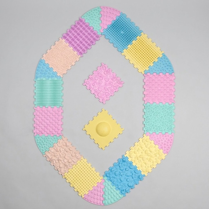 Set 14 Module Covoras + 8 Module Triunghiulare Rotative pentru Kinetoterapie la Domiciliu, Comando BioStep, Texturi Mixte, pentru Profilaxie Picior Plat, Intarire Talpi, Dezvoltare Perceptie Senzoriala la Copii, Reflexoterapie, Hipoalergenic, Pastel