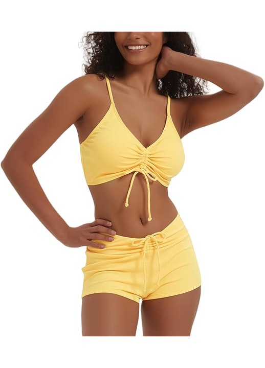 Costum de baie dama 2 piese, pantaloni scurti tip boxeri si sutien tip bustiera cu burete detasabil, Galben Aprins, Marimea S