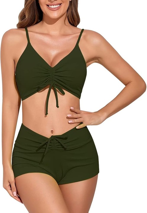 Costum de baie dama 2 piese, pantaloni scurti tip boxeri si sutien tip bustiera cu burete detasabil, Verde inchis