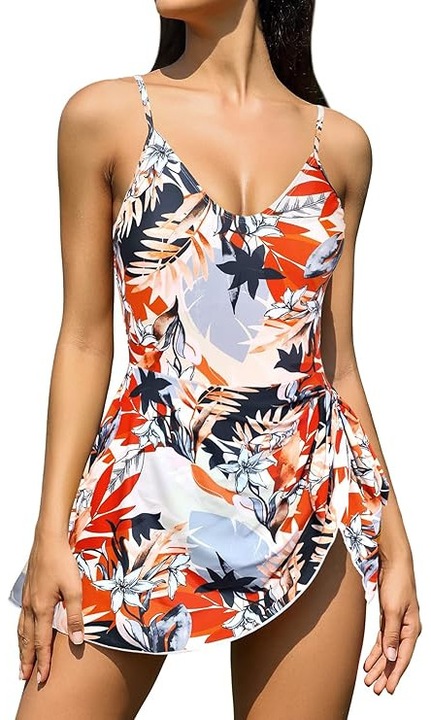 Costum de baie dama intreg tip rochie (swimdress), decolteu V, efect control al abdomenului, cu fusta si slip interior, burete detasabil, design elegant retro, Bej-Multicolor, Marimea S