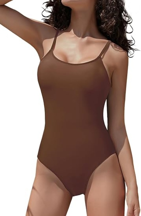 Costum de baie dama intreg, decolteu rotund si spate gol, efect modelator si alungire silueta, design sexy elegant, Maro Inchis, Marimea S