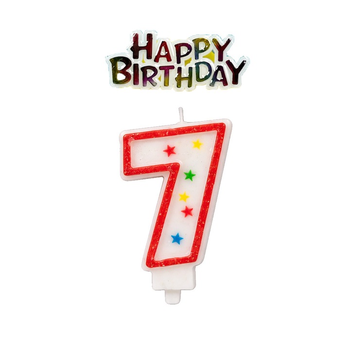 Свещ за рожден ден Unique Party 9373178 1-61, Цифра 7, С декорация „Happy Birthday“ надпис, Червен, 8.5 см