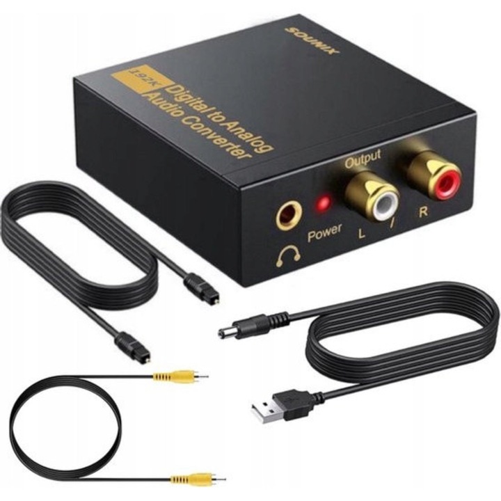 Convertor audio digital la analog Sounix 192kHz, RCA & jack 3.5mm, set cu cabluri, compact, 60x55x21mm
