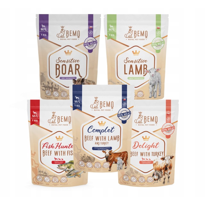Set degustare 5 x 1 kg hrana pentru caini BEMO, hipoalergenica, diverse arome