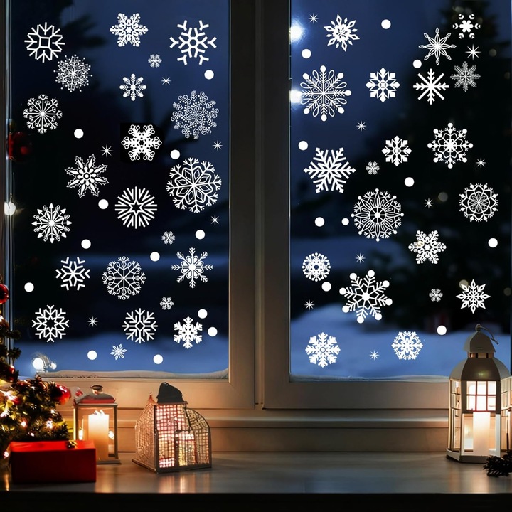 Set 9 coli autocolante fulgi zapada pentru fereastra, PVC reutilizabil, 20x30 cm, fulgi de diferite marimi, decoratiuni festive