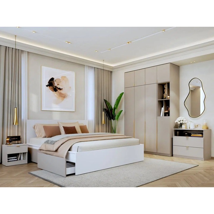 Set Dormitor Auris, Bej/Casmir, C14, Pat 160x200, 2 Noptiere, Comoda si Dulap Inalt 1.64m cu Soft close