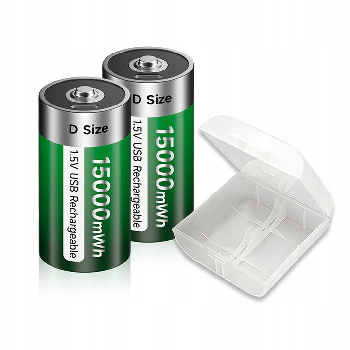 Set 2 baterii D 1.5V cu incarcare USB Tip C, capacitate 15000mWh, dimensiune 58x32mm
