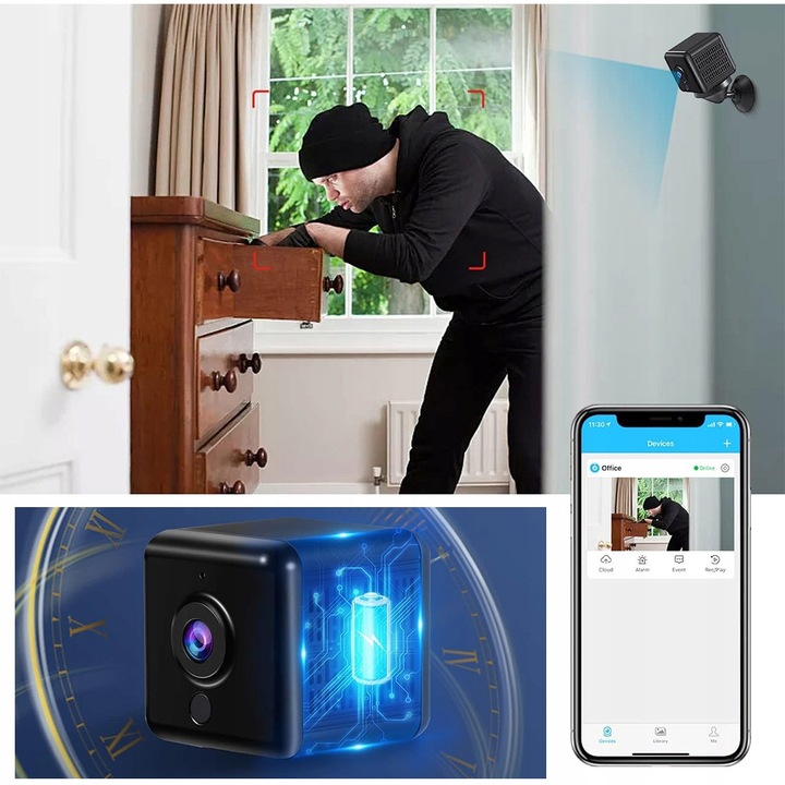 Mini camera spion 1080P, Wi-Fi, neagra, set complet
