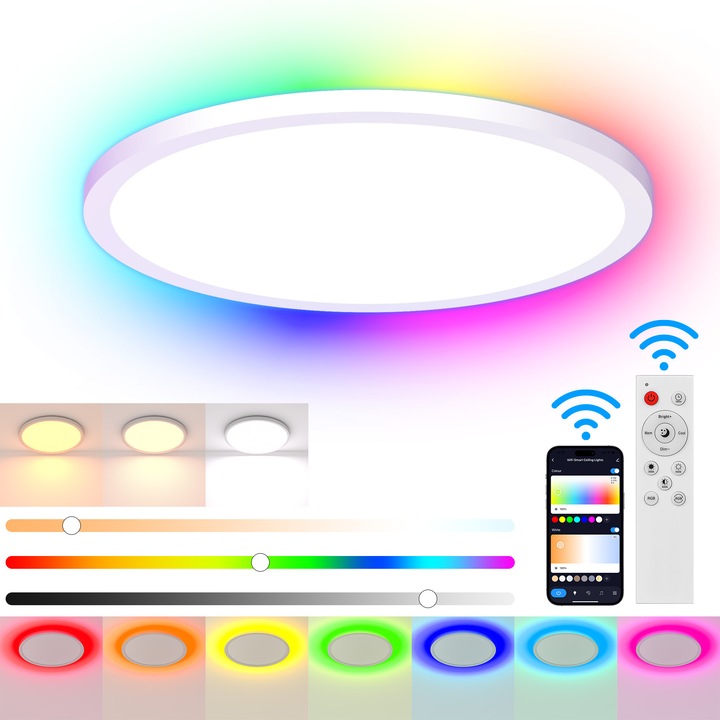 LED RGB mennyezeti lámpa 30W távirányítóval, mérete 2,5x30cm, többszínű, Bluetooth alkalmazás