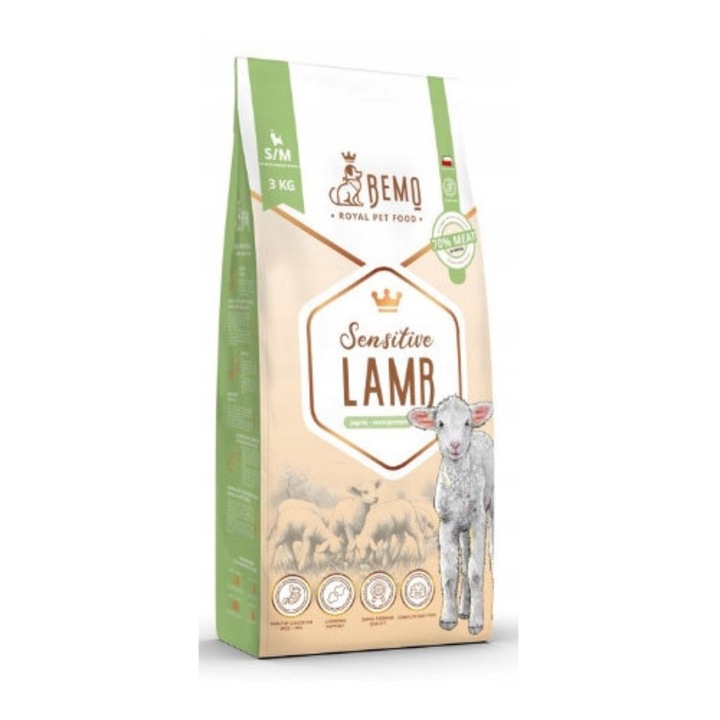 Hrana uscata pentru caini BEMO SENSITIVE JAGNIECINA 3kg S/M, hipoalergenica, fara pui, monoproteica, 60% carne de miel