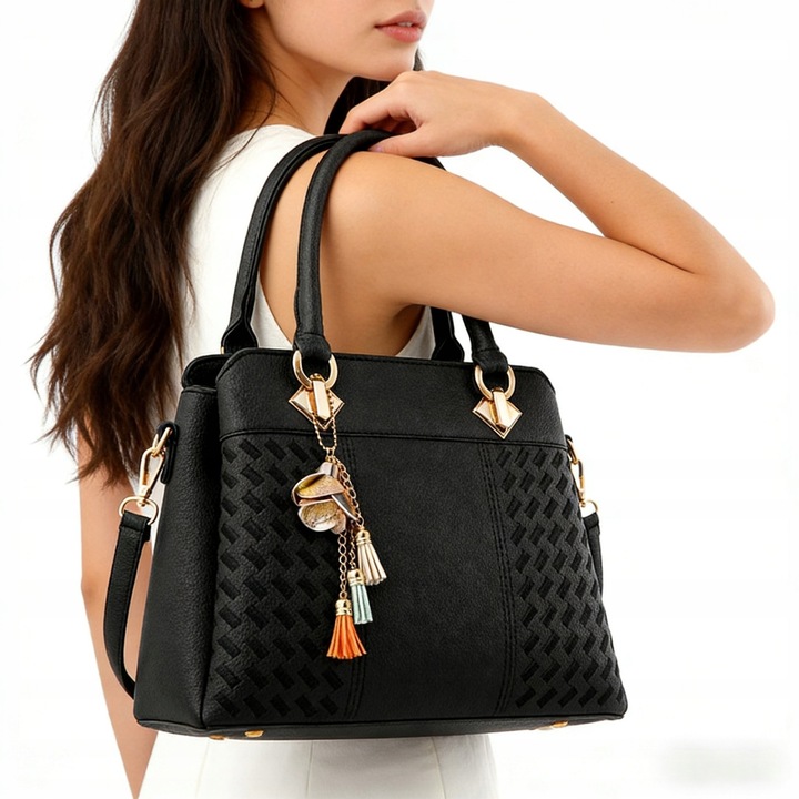 Geanta dama, neagra, 31x23cm, trei compartimente, detalii aurii