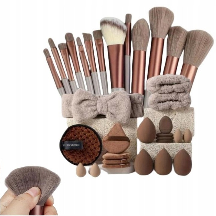 Smink applikátor és ecset készlet, 33 darabos, bézs-barna
