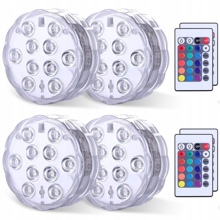 Set de lumini subacvatice LED pentru piscina, 4 bucati, multicolor, cu telecomanda, 10 LED-uri, 7x2.8cm