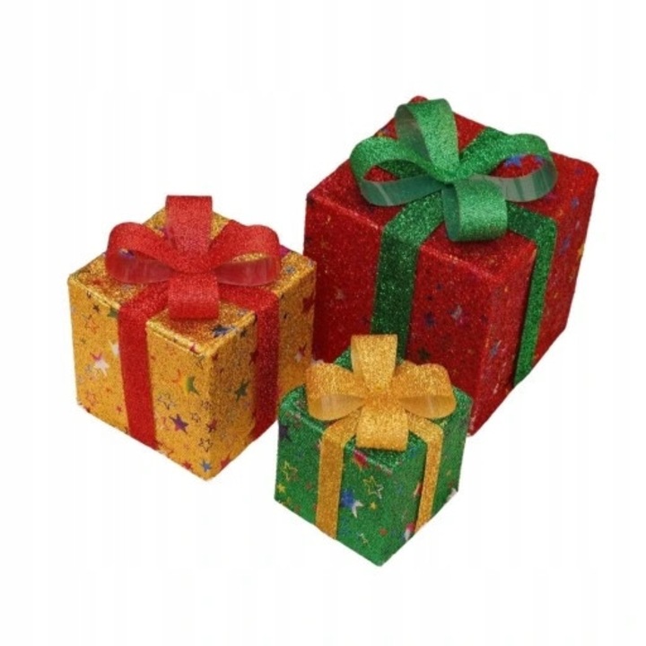 Set 3 cutii decorative iluminate pentru Craciun, dimensiuni S, M, L, multicolor