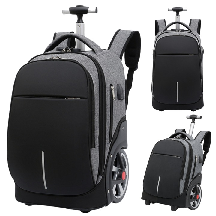 Ghiozdan Troler Multifunctional Narvara, 2 in 1, Capacitate Mare 55L, Gri/Negru, 48x32x24cm