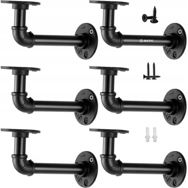 Suport rafturi, BOTC, set 6 bucati, metal negru, pentru adancimi 7"-14"