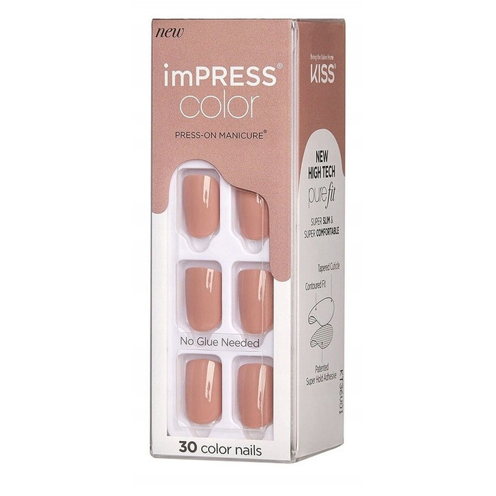 Set de unghii false KISS imPRESS Color Short, 30 szt., multicolor, aplicare fara lipici