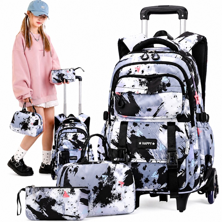 Ghiozdan Troler 3 Piese, Penar si Geanta incluse, Capacitate Mare, Rezistent la uzura, Ergonomic, Pentru scoala si calatorii, Burete respirabil, Buzunare Pentru Laptop, Telefon, Apa