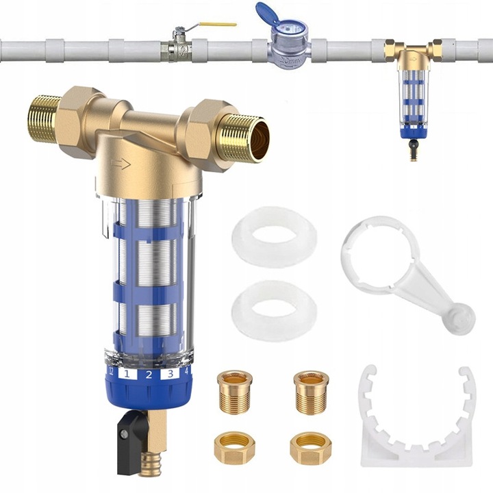 Filtru de apa auto-curatat, 20x8,5x5,2cm, aurie si albastra, set complet