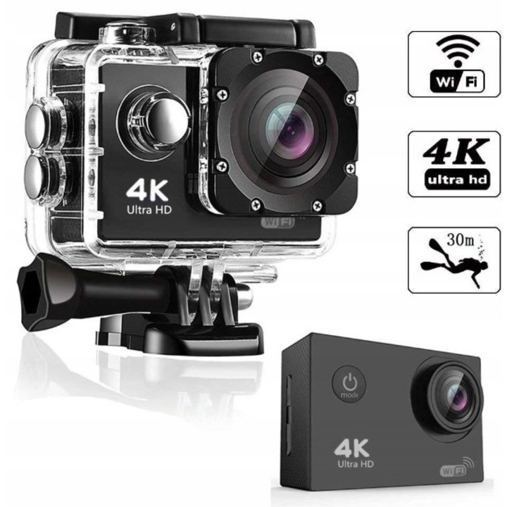Camera video sport 4K Ultra HD, rezistenta la apa, set de accesorii, neagra, 59,3x24,6x41,1mm