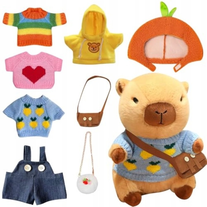 Set jucarie de plus Kapibara, 23 cm, 5 costume si palarie, multicolor