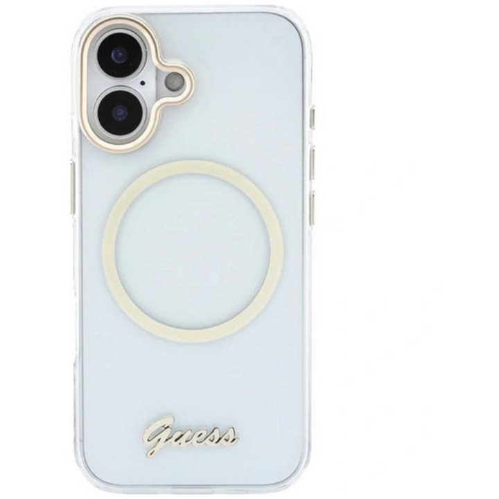 Guess iml script metal szilikon mobiltelefon tok, ütésállóság, műanyag hátlap, magsafe, átlátszó, kompatibilis: iPhone 17
