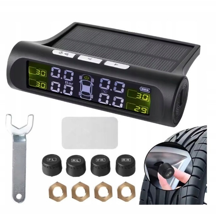 4 db vezeték nélküli TPMS gumiabroncsnyomás- és hőmérséklet-érzékelő készlet, szolár LCD kijelző, USB tápellátás