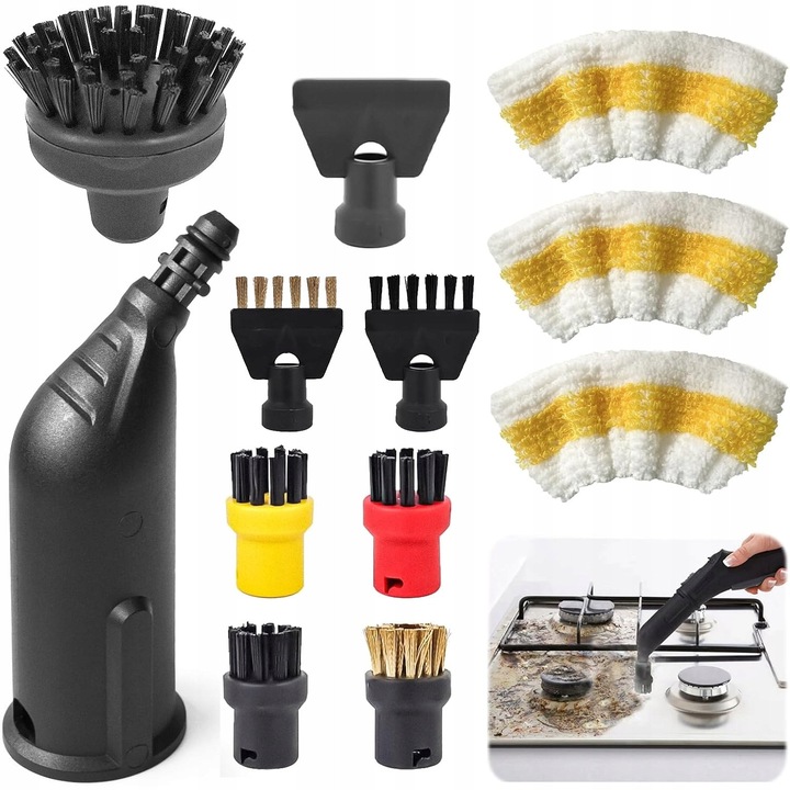 Set 12 accesorii pentru parownica Karcher, 5 perii rotunde, 1 duza prelungita, 3 capete din microfibra, 1 perie cu racleta, multicolor