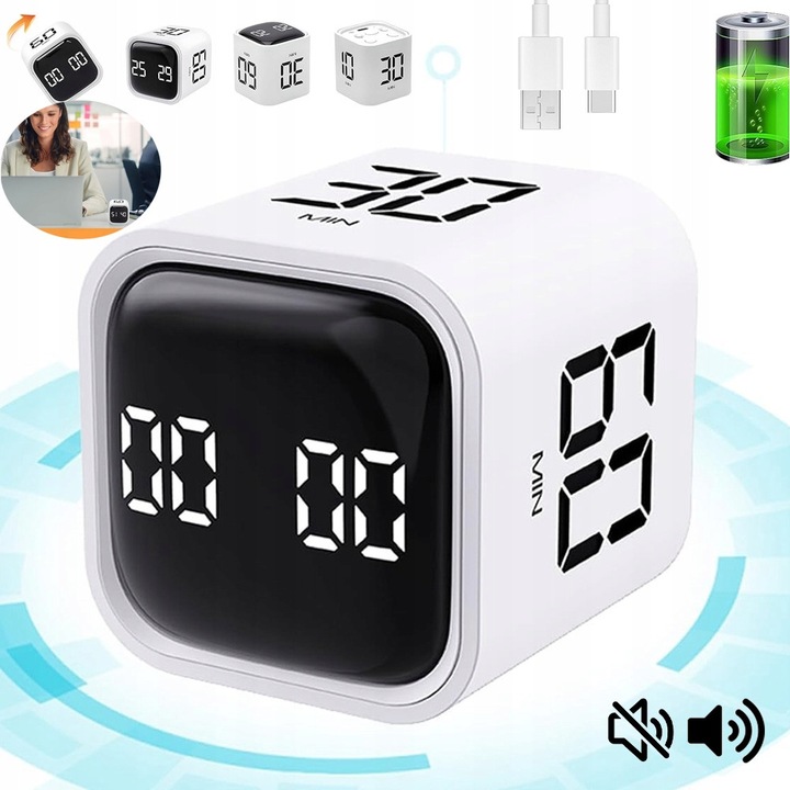 Timer digital cu senzor de gravitate, alb, 4,39x4,39x4,57cm, acumulator 500mAh, set