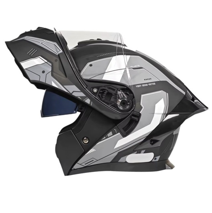 BKF Casca moto flip-up (modulara) cu ochelari de soare integrati, viziera dubla, ventilatie, interior detasabil, inchidere rapida, full face / open face, negru