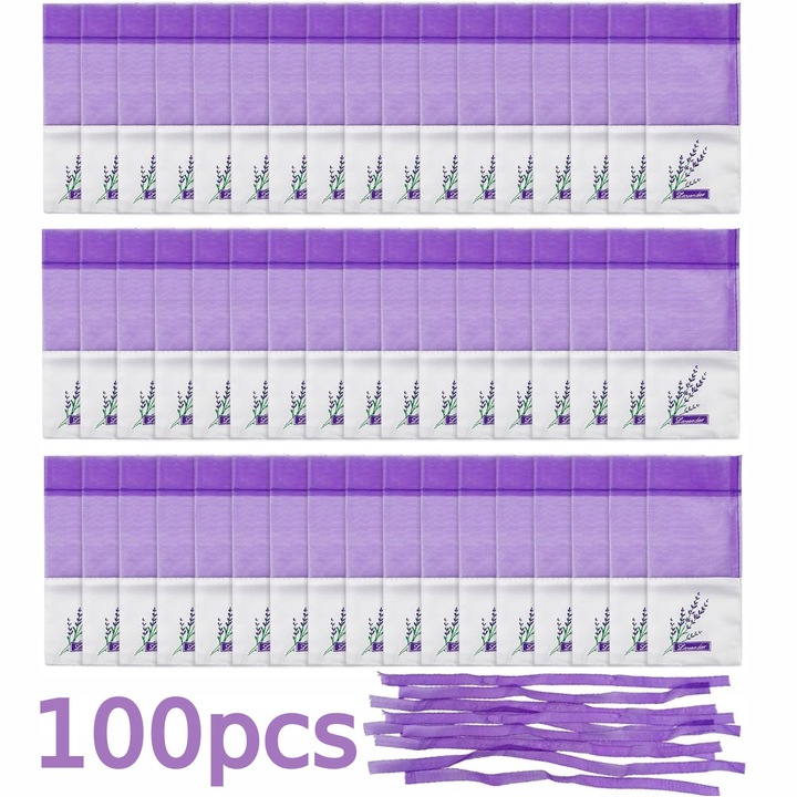 Set 100 pungi din organza pentru lavanda cu fundite, mov, 15cm x 7.5cm