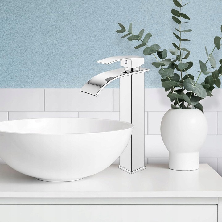 Magas mosdó csaptelep, króm, pultra szerelhető, vízesés kifolyó, 30cm