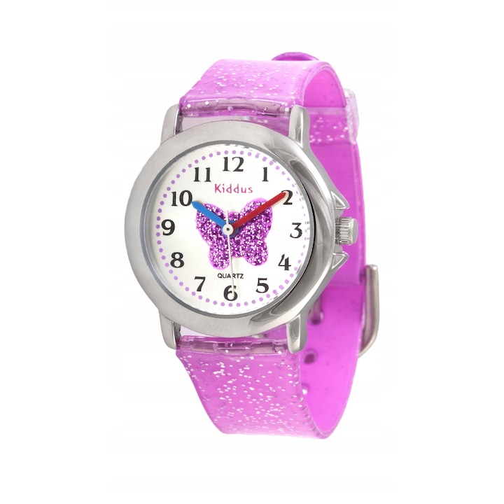 Ceas de mana pentru fete Kiddus Glitter, reglabil, rezistent la apa, multicolor, set cadou