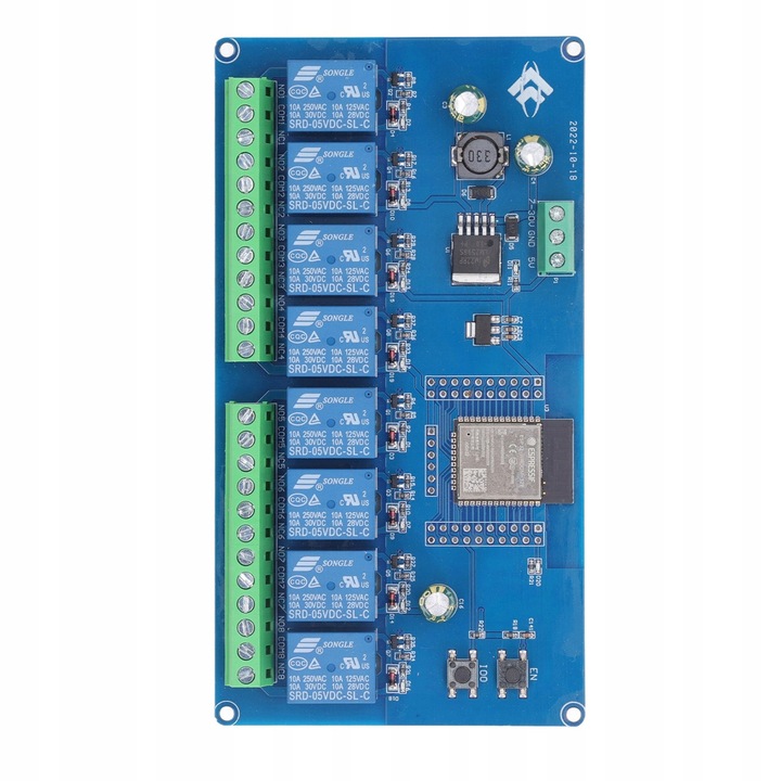 8 csatornás modul WiFi-vel és BT-vel, ESP32-WROOM-32E, 5-30V, PCB fejlesztés