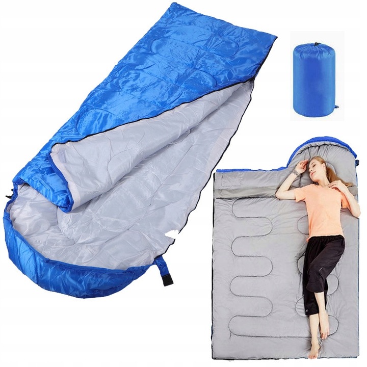 Sac de dormit turistic cu gluga, 210x75cm, poliester, albastru, set cu husa