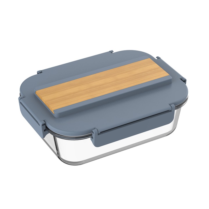 Office 1 Cutie pentru alimente, sticlă, cu tacâmuri în capac, 1040 ml, albastru