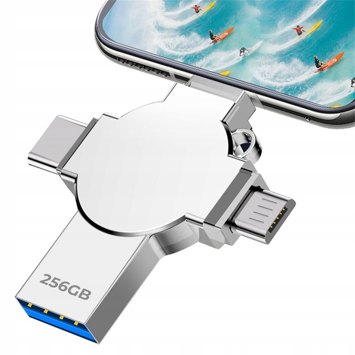 Pendrive 256GB 4 az 1-ben USB, ezüst, 4,4x4,0x0,5cm, készlet Androidhoz és PC-hez