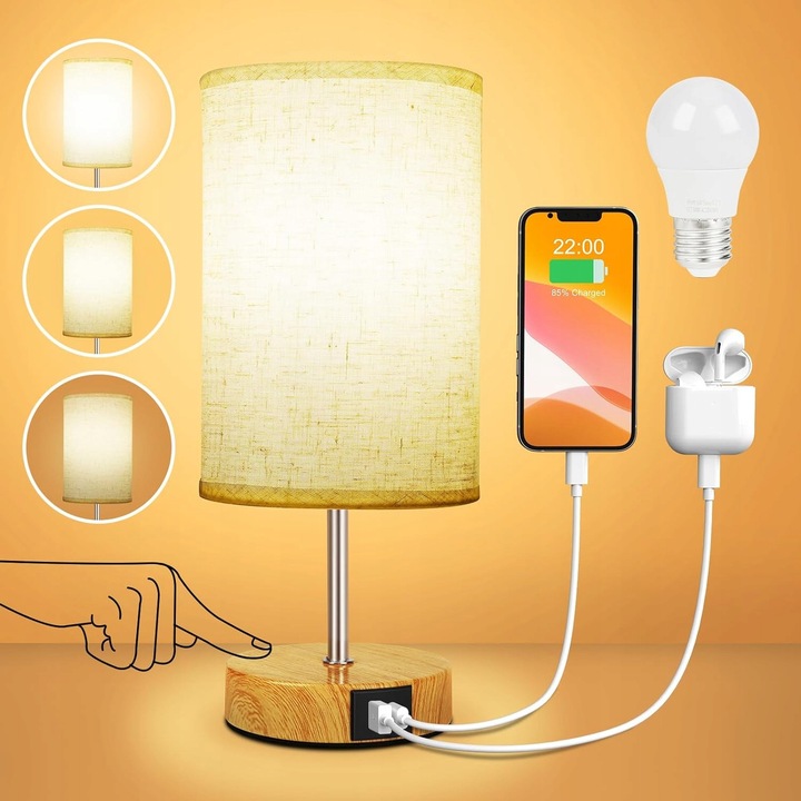 Lampa de masa cu incarcare USB, 3 trepte de intensitate, abajur din tesatura, E27, 3,9x11,4x4,7 inch, set complet