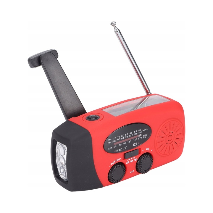 Radio de urgenta cu manivela, rosu, 1000 mAh, cu lanterna si compas, set complet
