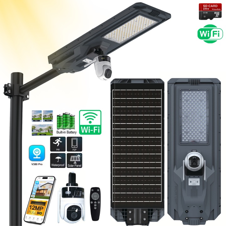 Lampa Solara Stradala 1200W cu Camera Video WiFi 360°, VisionHub®, Senzor Miscare, Control din Telefon, Panou Solar Monocristalin, 134 margele LED, Telecomanda, Baterie LiFePO4 54Ah, Rezistenta IP65 la Apa, Suport metalic inclus, Iluminare Ultra Puternica