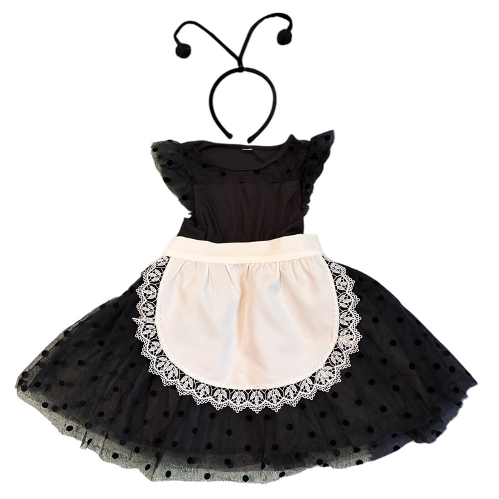 Costum furnica, 3 piese, rochie neagra cu buline, sort alb, antene, 5-6 ani, 110-116 cm