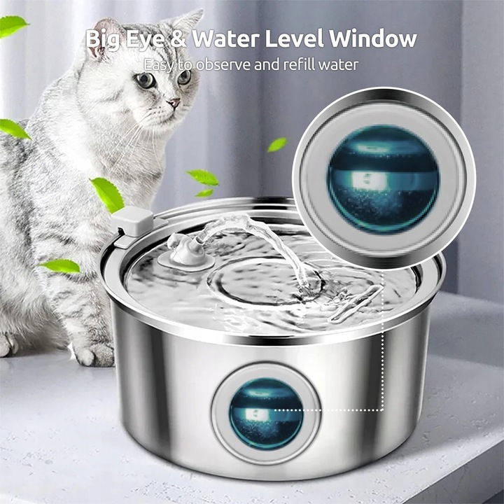 Fontana de apa pentru animale, 3.2L, din otel inoxidabil, design cu fereastra, filtrare multistrat