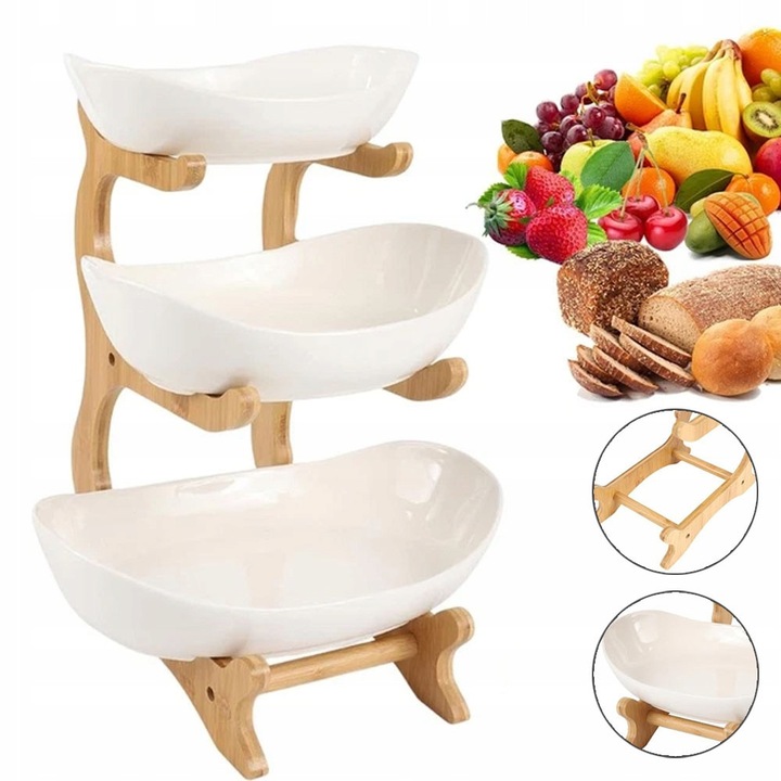 Cos de servire BEDEE, organizator din lemn, 3 niveluri, pentru fructe si legume