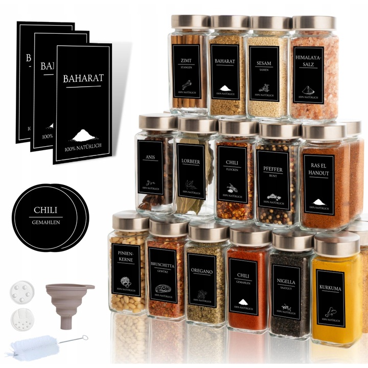 Set organizator pentru condimente, 24 recipiente din sticla, etichete, 280 etichete, 37 capace pentru turnare, 2 mori, 1 palnie, 1 pensula, 1 marker, multicolor.