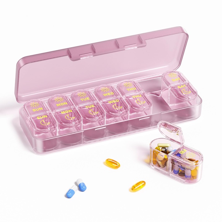 Cutie de pastile, cutie de pastile de doua ori pe zi, cutie saptamanala pentru 7 zile una pentru dimineata si una pentru seara, cutie de stocare premium pentru pastile, cutie pentru medicamente de calatorie pe 7 zile, potrivita pentru vitamine, ulei de