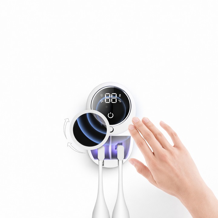 Sterilizator UV Macasore® cu suport pentru 2 periute de dinti (manuale si electrice), functie de uscare 60°C, eliminare bacterii 99.99%, deschidere automata cu senzor, montare usoara pe perete, alb