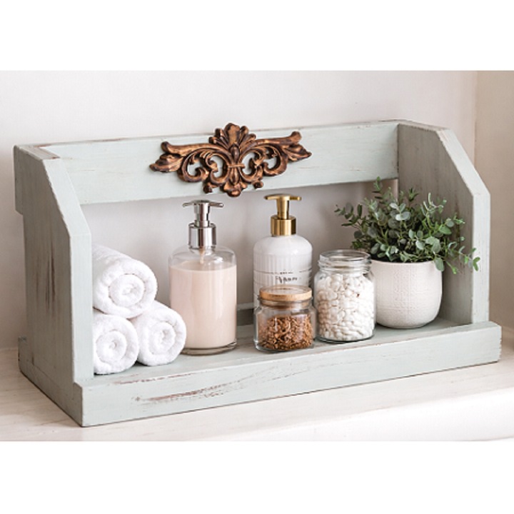 Etajera baie cu ornament din lemn, alb antichizat, pictata manual, lungime 40 cm