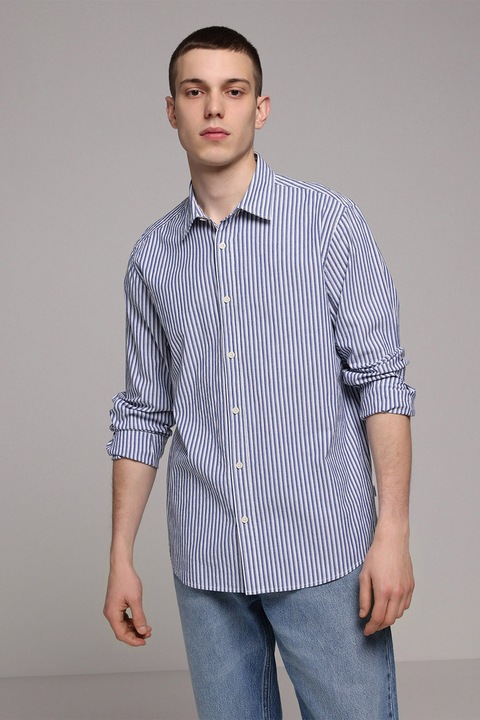 COLIN'S, Camasa cu dungi si nasturi, Alb/Albastru inchis