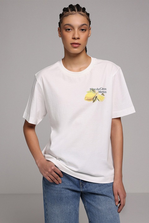 COLIN'S, Tricou cu detaliu fruct pe piept, Galben/Alb murdar/Verde feriga